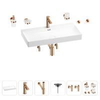 Раковина для ванной Wellsee Bromance 201007604 в наборе 9 в 1: раковина белого глянцевого цвета, смеситель, сифон, выпуск, угловые вентили, аксессуары (цвет набора розовое золото)