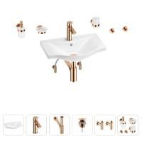 Раковина для ванной Wellsee Bisou 201007154 в наборе 9 в 1: раковина белого глянцевого цвета, смеситель, сифон, донный клапан, угловые вентили, аксессуары (цвет набора розовое золото)