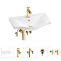 Раковина для ванной Wellsee Bisou 201005218 в наборе 5 в 1: раковина белого глянцевого цвета, смеситель, сифон, донный клапан, угловые вентили (цвет набора золото)