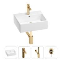 Раковина для ванной Wellsee Graceful Pro 201002918 в наборе 4 в 1: раковина белого глянцевого цвета, смеситель, сифон, донный клапан (цвет набора золото)