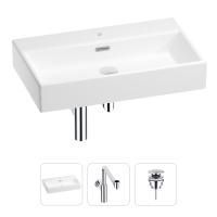 Раковина для ванной Wellsee Graceful Pro 201001371 в наборе 3 в 1: прямоугольная раковина белого глянцевого цвета, сифон, донный клапан в цвете хром