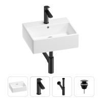 Раковина для ванной Wellsee Graceful Pro 201002932 в наборе 4 в 1: раковина белого глянцевого цвета, смеситель, сифон, донный клапан (цвет набора матовый черный)