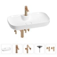 Раковина для ванной Wellsee Croquis 2.0 201004149 в наборе 5 в 1: раковина белого глянцевого цвета, смеситель, сифон, выпуск, угловые вентили (цвет набора розовое золото)