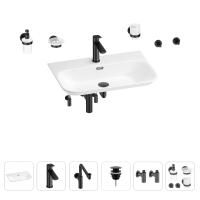 Раковина для ванной Wellsee Eclatant 2.0 201007542 в наборе 9 в 1: раковина белого глянцевого цвета, смеситель, сифон, донный клапан, угловые вентили, аксессуары (цвет набора матовый черный)