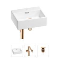 Раковина для ванной Wellsee Graceful Pro 201001324 в наборе 3 в 1: прямоугольная раковина белого глянцевого цвета, сифон, донный клапан в цвете розовое золото