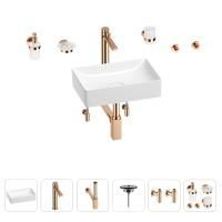 Раковина для ванной Wellsee Pure BY Wellsee 201006294 в наборе 9 в 1: раковина белого глянцевого цвета, высокий смеситель, сифон, выпуск, угловые вентили, аксессуары (цвет розовое золото)