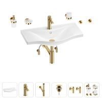 Раковина для ванной Wellsee Bisou 201007438 в наборе 9 в 1: раковина белого глянцевого цвета, смеситель, сифон, донный клапан, угловые вентили, аксессуары (цвет набора золото)