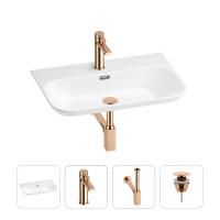 Раковина для ванной Wellsee Eclatant 2.0 201003769 в наборе 4 в 1: раковина белого глянцевого цвета, смеситель, сифон, донный клапан (цвет набора розовое золото)