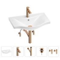 Раковина для ванной Wellsee Bisou 201005199 в наборе 5 в 1: раковина белого глянцевого цвета, смеситель, сифон, донный клапан, угловые вентили (цвет набора розовое золото)