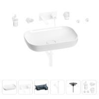 Раковина для ванной Wellsee Croquis 201005705 в наборе 8 в 1: раковина белого глянцевого цвета, встраиваемый смеситель, сифон, выпуск, аксессуары (цвет набора матовый белый)