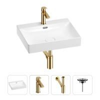 Раковина для ванной Wellsee DeSire 201003803 в наборе 4 в 1: раковина белого глянцевого цвета, смеситель, сифон, выпуск (цвет набора золото)