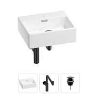 Раковина для ванной Wellsee Graceful Pro 201001322 в наборе 3 в 1: прямоугольная раковина белого глянцевого цвета, сифон, донный клапан в цвете матовый черный