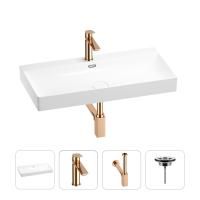 Раковина для ванной Wellsee Bromance 201003864 в наборе 4 в 1: раковина белого глянцевого цвета, смеситель, сифон, выпуск (цвет набора розовое золото)