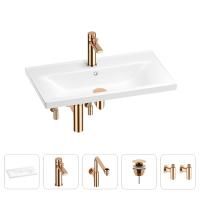 Раковина для ванной Wellsee FreeDom 201004974 в наборе 5 в 1: раковина белого глянцевого цвета, смеситель, сифон, донный клапан, угловые вентили (цвет набора розовое золото)