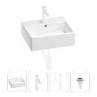 Раковина для ванной Wellsee Graceful Pro 201002920 в наборе 4 в 1: раковина белого глянцевого цвета, смеситель, сифон, донный клапан (цвет набора матовый белый)