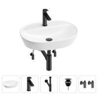 Раковина для ванной Wellsee Calin 201003932 в наборе 5 в 1: раковина белого глянцевого цвета, смеситель, сифон, донный клапан, угловые вентили (цвет набора матовый черный)