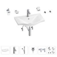 Раковина для ванной Wellsee Bisou 201007281 в наборе 9 в 1: раковина белого глянцевого цвета, смеситель, сифон, донный клапан, угловые вентили, аксессуары (цвет набора хром)