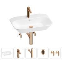 Раковина для ванной Wellsee Eclatant 201005404 в наборе 5 в 1: раковина белого глянцевого цвета, смеситель, сифон, донный клапан, угловые вентили (цвет набора розовое золото)