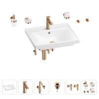 Раковина для ванной Wellsee FreeDom 201006994 в наборе 9 в 1: раковина белого глянцевого цвета, смеситель, сифон, донный клапан, угловые вентили, аксессуары (цвет набора розовое золото)