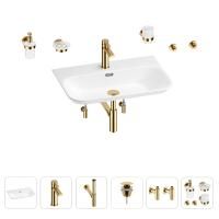 Раковина для ванной Wellsee Eclatant 2.0 201007538 в наборе 9 в 1: раковина белого глянцевого цвета, смеситель, сифон, донный клапан, угловые вентили, аксессуары (цвет набора золото)