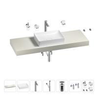 Раковина 50 см со столешницей 140 см Wellsee Pure BY Wellsee 201011431 в наборе 10 в 1: столешница, раковина, высокий смеситель, сифон, выпуск, кран-вентили, аксессуары (цвет хром)