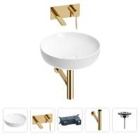 Раковина для ванной Wellsee Chalice Perfection 201002433 в наборе 4 в 1: раковина белого глянцевого цвета, встраиваемый смеситель, сифон, выпуск (цвет набора золото)