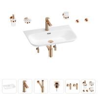 Раковина для ванной Wellsee Eclatant 2.0 201007504 в наборе 9 в 1: раковина белого глянцевого цвета, смеситель, сифон, донный клапан, угловые вентили, аксессуары (цвет набора розовое золото)