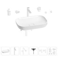 Раковина для ванной Wellsee Croquis 201005710 в наборе 9 в 1: раковина белого глянцевого цвета, высокий смеситель, сифон, выпуск, угловые вентили, аксессуары (цвет матовый белый)