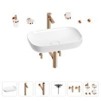 Раковина для ванной Wellsee Croquis 201005669 в наборе 9 в 1: раковина белого глянцевого цвета, высокий смеситель, сифон, выпуск, угловые вентили, аксессуары (цвет розовое золото)