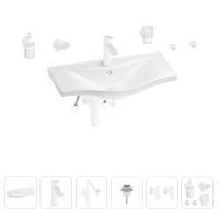 Раковина для ванной Wellsee Bisou 201007395 в наборе 9 в 1: раковина белого глянцевого цвета, смеситель, сифон, донный клапан, угловые вентили, аксессуары (цвет набора матовый белый)