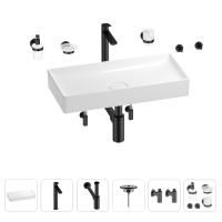 Раковина для ванной Wellsee Pure BY Wellsee 201006452 в наборе 9 в 1: раковина белого глянцевого цвета, высокий смеситель, сифон, выпуск, угловые вентили, аксессуары (цвет матовый черный)