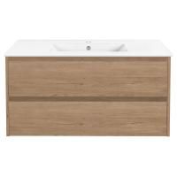 Тумба Vincea Gio 100 подвесная, 2 выкатных ящика soft-close, N.Oak с умывальником VBS-13100 керамическая, цвет белый