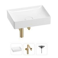 Раковина для ванной Wellsee Pure BY Wellsee 201001248 в наборе 3 в 1: прямоугольная раковина белого глянцевого цвета, сифон, выпуск в цвете золото