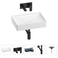 Раковина для ванной Wellsee Pure BY Wellsee 201002612 в наборе 4 в 1: раковина белого глянцевого цвета, встраиваемый смеситель, сифон, выпуск (цвет набора матовый черный)
