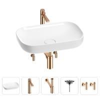 Раковина для ванной Wellsee Croquis 201003959 в наборе 5 в 1: раковина белого глянцевого цвета, высокий смеситель, сифон, выпуск, угловые вентили (цвет набора розовое золото)