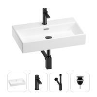 Раковина для ванной Wellsee Graceful Pro 201002967 в наборе 4 в 1: раковина белого глянцевого цвета, смеситель, сифон, донный клапан (цвет набора матовый черный)