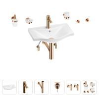 Раковина для ванной Wellsee Bisou 201007179 в наборе 9 в 1: раковина белого глянцевого цвета, смеситель, сифон, донный клапан, угловые вентили, аксессуары (цвет набора розовое золото)