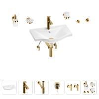 Раковина для ванной Wellsee Bisou 201007103 в наборе 9 в 1: раковина белого глянцевого цвета, смеситель, сифон, донный клапан, угловые вентили, аксессуары (цвет набора золото)
