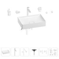 Раковина для ванной Wellsee Pure BY Wellsee 201006435 в наборе 9 в 1: раковина белого глянцевого цвета, высокий смеситель, сифон, выпуск, угловые вентили, аксессуары (цвет матовый белый)