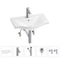 Раковина для ванной Wellsee Bisou 201005146 в наборе 5 в 1: раковина белого глянцевого цвета, смеситель, сифон, донный клапан, угловые вентили (цвет набора хром)