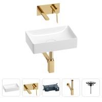 Раковина для ванной Wellsee Pure BY Wellsee 201002553 в наборе 4 в 1: раковина белого глянцевого цвета, встраиваемый смеситель, сифон, выпуск (цвет набора золото)