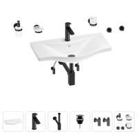 Раковина для ванной Wellsee Bisou 201007362 в наборе 9 в 1: раковина белого глянцевого цвета, смеситель, сифон, донный клапан, угловые вентили, аксессуары (цвет набора матовый черный)