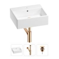 Раковина для ванной Wellsee Graceful Pro 201001344 в наборе 3 в 1: прямоугольная раковина белого глянцевого цвета, сифон, донный клапан в цвете розовое золото
