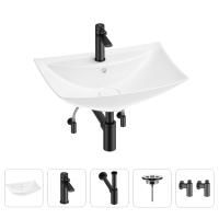 Раковина для ванной Wellsee Cerulean 201004682 в наборе 5 в 1: раковина белого глянцевого цвета, смеситель, сифон, выпуск, угловые вентили (цвет набора матовый черный)