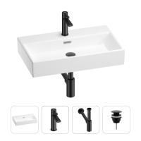 Раковина для ванной Wellsee Graceful Pro 201002957 в наборе 4 в 1: раковина белого глянцевого цвета, смеситель, сифон, донный клапан (цвет набора матовый черный)