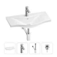 Раковина для ванной Wellsee Bisou 201003661 в наборе 4 в 1: раковина белого глянцевого цвета, смеситель, сифон, донный клапан (цвет набора хром)