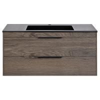Тумба Vincea Chiara 2D 1000 подвесная, 2 выкатных ящика soft-close, R.Oak с умывальником VCB-13100B из кварца, цвет черный