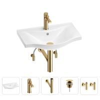 Раковина для ванной Wellsee Bisou 201005153 в наборе 5 в 1: раковина белого глянцевого цвета, смеситель, сифон, донный клапан, угловые вентили (цвет набора золото)