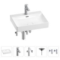 Раковина для ванной Wellsee DeSire 201005516 в наборе 5 в 1: раковина белого глянцевого цвета, смеситель, сифон, выпуск, угловые вентили (цвет набора хром)