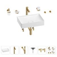 Раковина для ванной Wellsee Pure BY Wellsee 201006353 в наборе 9 в 1: раковина белого глянцевого цвета, высокий смеситель, сифон, выпуск, угловые вентили, аксессуары (цвет золото)
